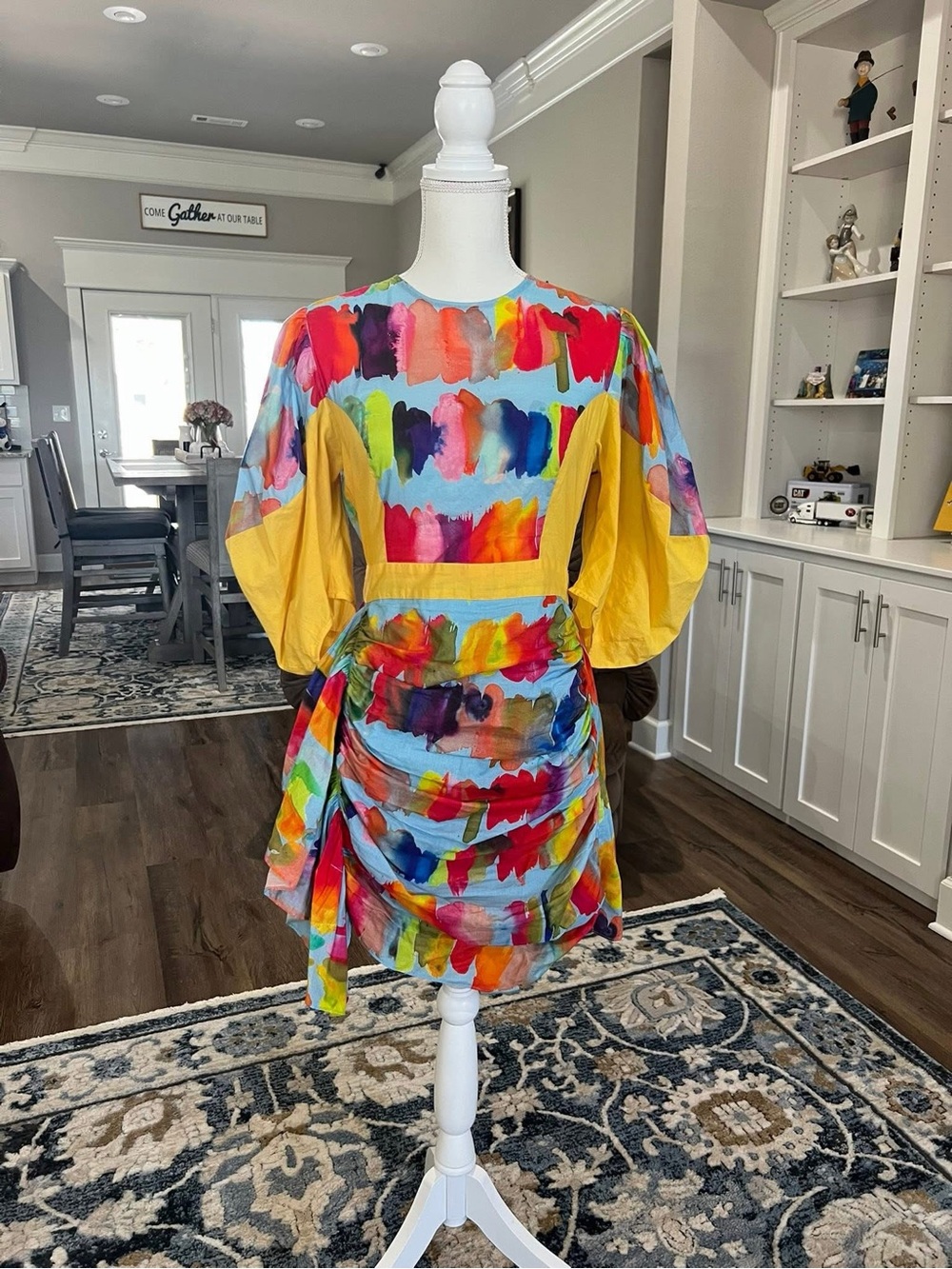 RHODE Multicolor Watercolor Print Dress with Yellow Sleeves